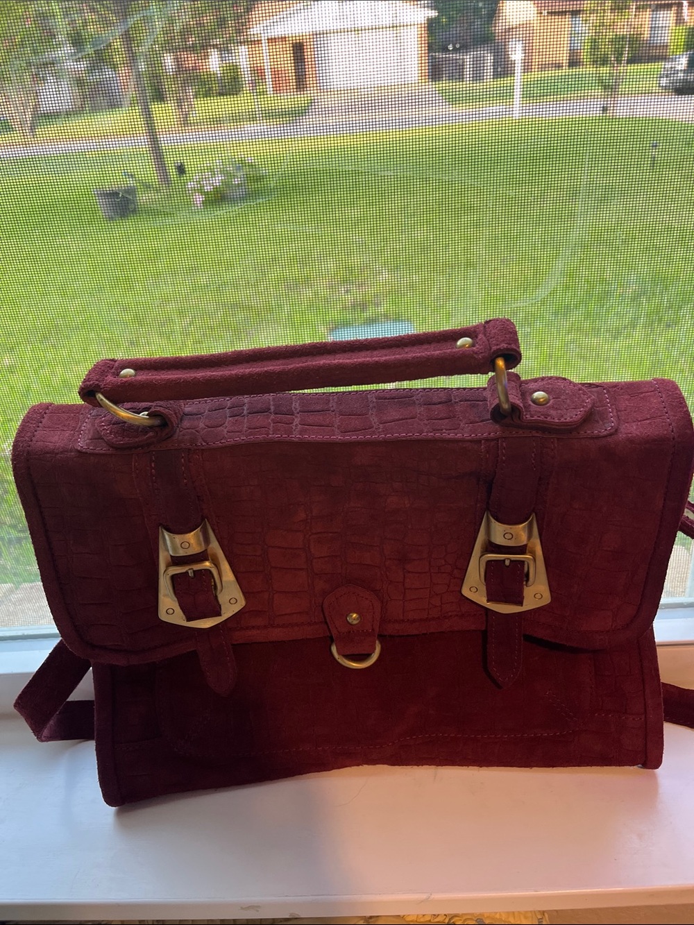ASOS 100% suede Leather Dark Magenta-Plum purse crossbody big messenger bag